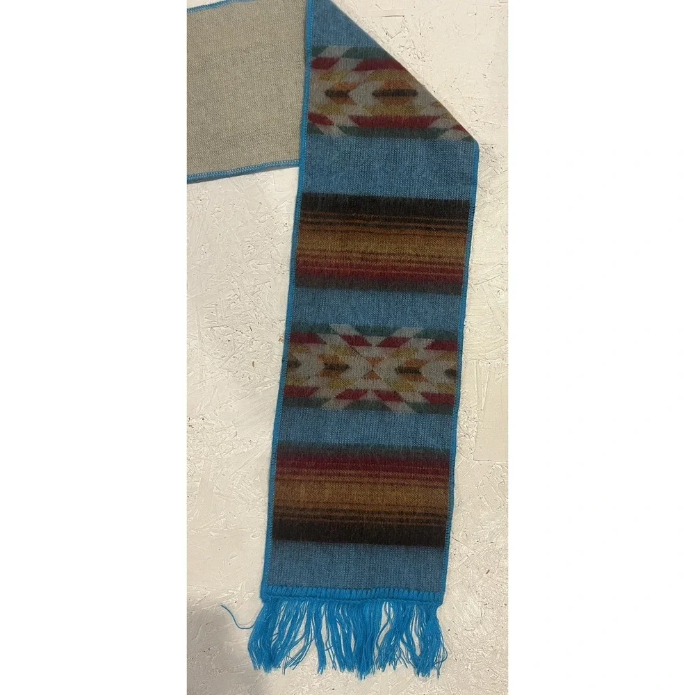 Vintage‎ Wool Aztec Scarf Blue Brown Warm Winter Comfort Native Print Fringe